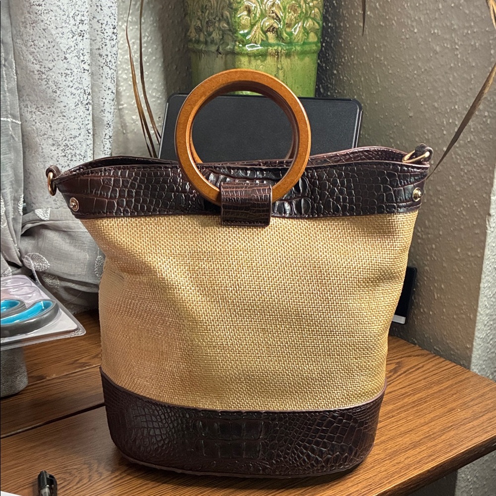 Stylish Tan and Brown crossbody Tote Bag with Wooden Handles